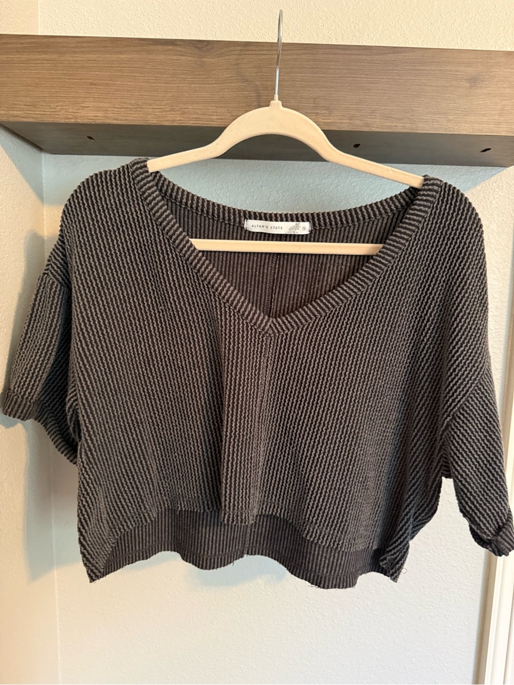 Altar'd State Charcoal Ribbed V-Neck Cropped Sweater